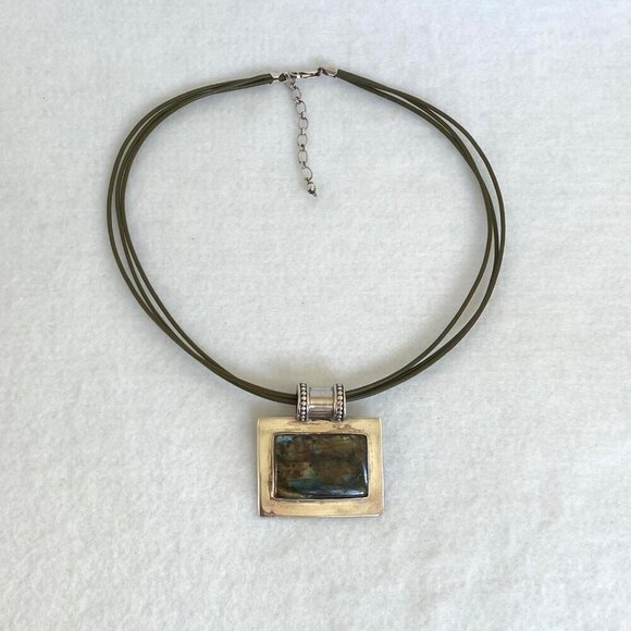 Sterling Silver 925 Chunky Rectangular Labradorite Slide Pendant Necklace 18" - Picture 3 of 16